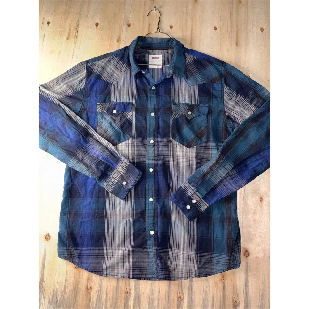 Levis Mens L Long Sleeve Western Snap Up Shirt Blue Gray Black Plaid